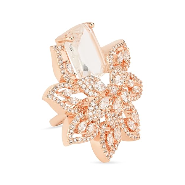 Etnico Rose Gold Plated Special Stylish Latest Fashionable Design Floral CZ American Diamond Adjustable Finger Rings For Women & Girls (FL242W)