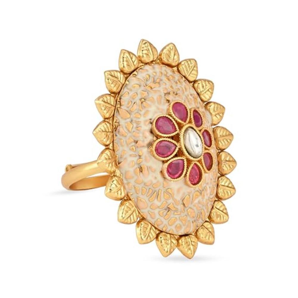 Etnico Gold Plated Traditional Meenakari Floral Design Brass Adjustable Finger Ring For Women (FL250)