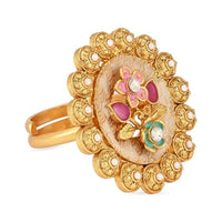 Etnico Gold Plated Traditional Meenakari Floral Design Brass Adjustable Finger Ring For Women (FL253)