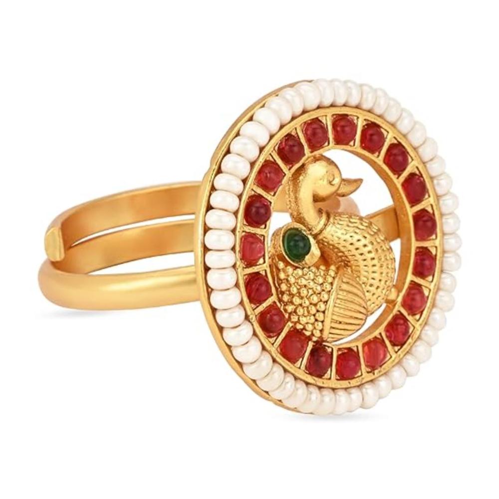 Etnico Gold Plated Traditional Brass Peacock Design Pearl Border Adjustable Finger Ring For Women (FL255)