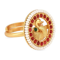 Etnico Gold Plated Traditional Brass Peacock Design Pearl Border Adjustable Finger Ring For Women (FL255)