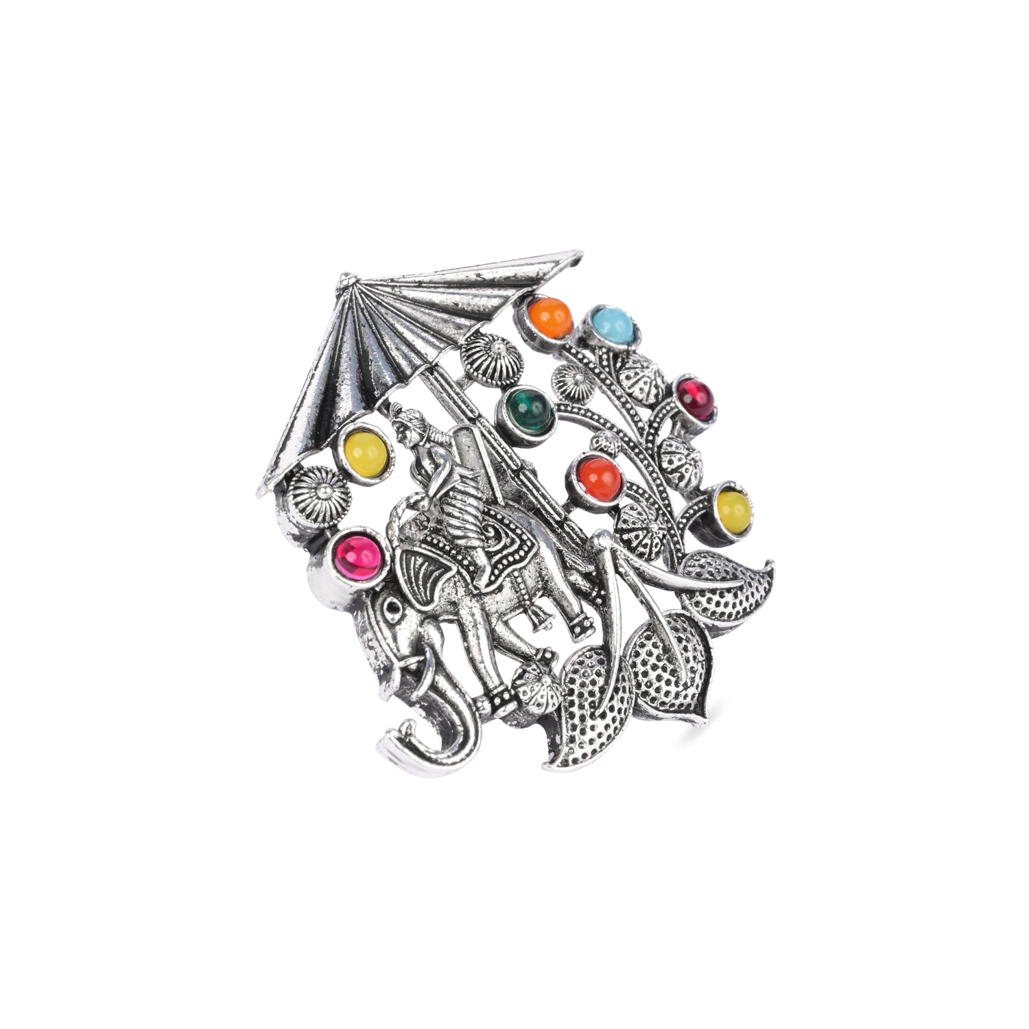 Etnico Oxidised Adjustable Elephant Rider Design Ring with Multicolour Stones (FL281OX)