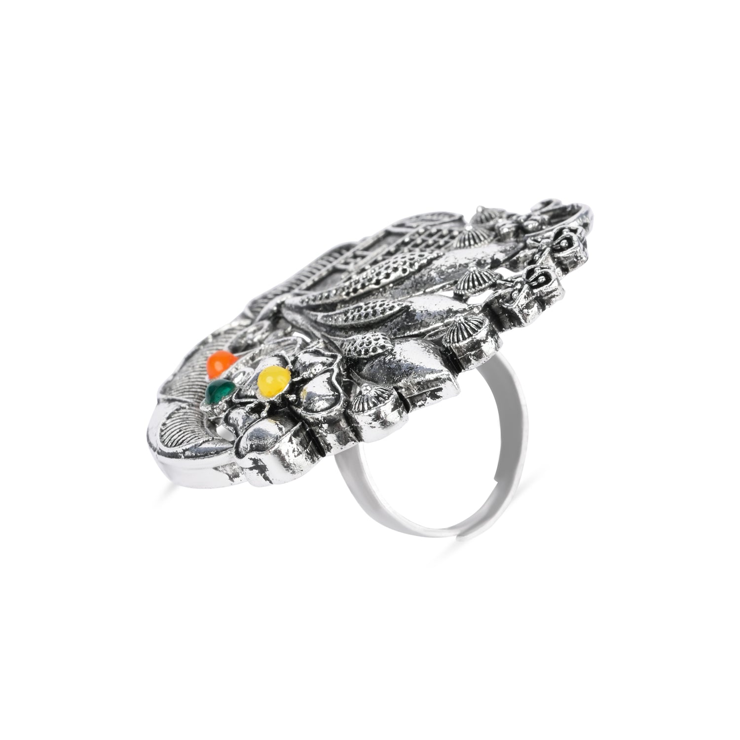 Etnico Oxidised Adjustable Floral Design Ring with Multicolour Stones (FL282OX)