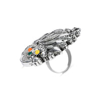 Etnico Oxidised Adjustable Floral Design Ring with Multicolour Stones (FL282OX)