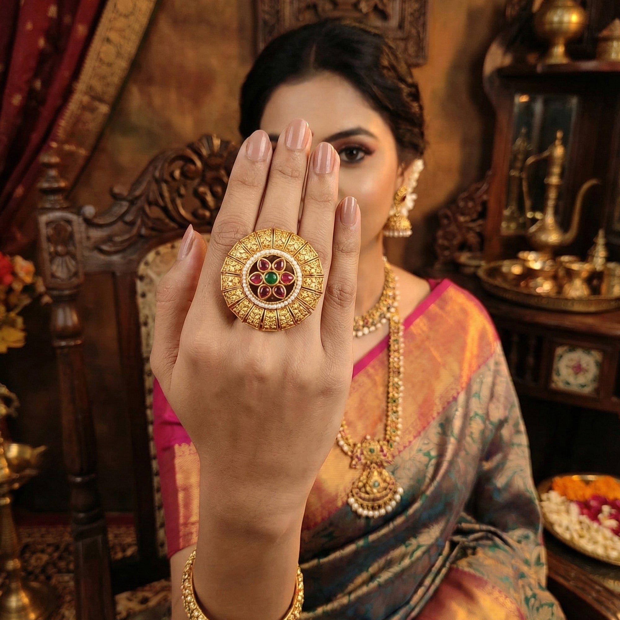 Js Fashion High Gold Royal Pota Stone And Pearl Designer Ring