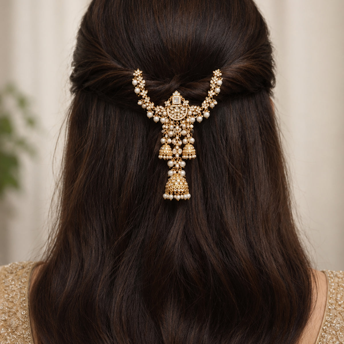 Js Fashion  Kundan Jewellery Design High Gold Polish Fancy Clustered Pearl Hair Accessories