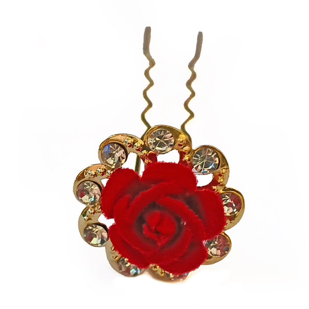 Js Fashion Pack of 12 Red Rose Juda Pins for Hair – Fancy Metal Flower Bun Pins for Women & Girls | Stylish Hair Accessories for Traditional & Party Looks | Perfect for Weddings, Festivals, and Special Occasions | Bun | Juda Accessory | Tiara