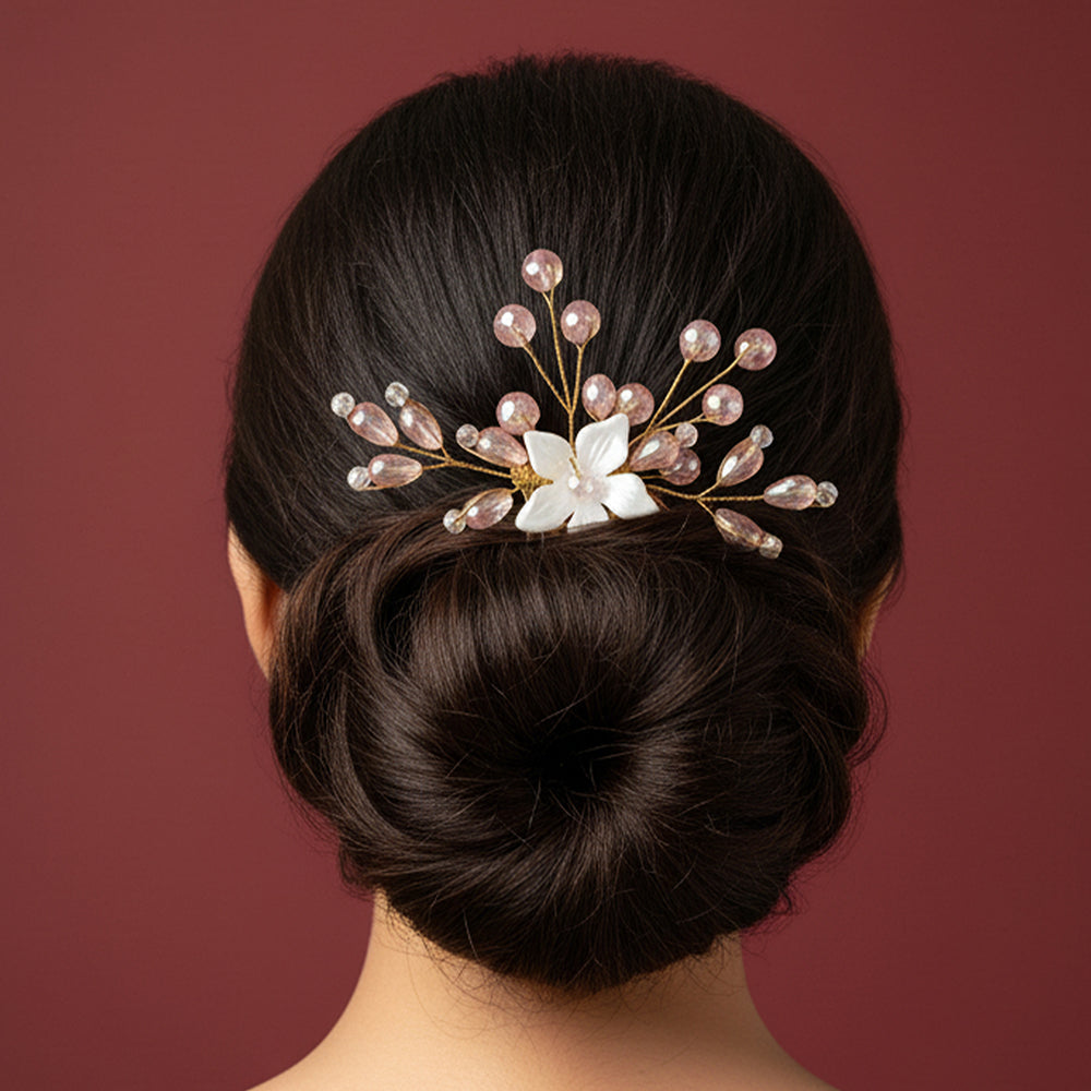 Js Fashion Bridal Floral Hair Comb for Women | Pearl & Crystal Wedding Hair Accessory | Pink Flower Hair Pin for Bride & Bridesmaid | Elegant Party Wear Hair Jewelry Clip for Bun & Hairstyles