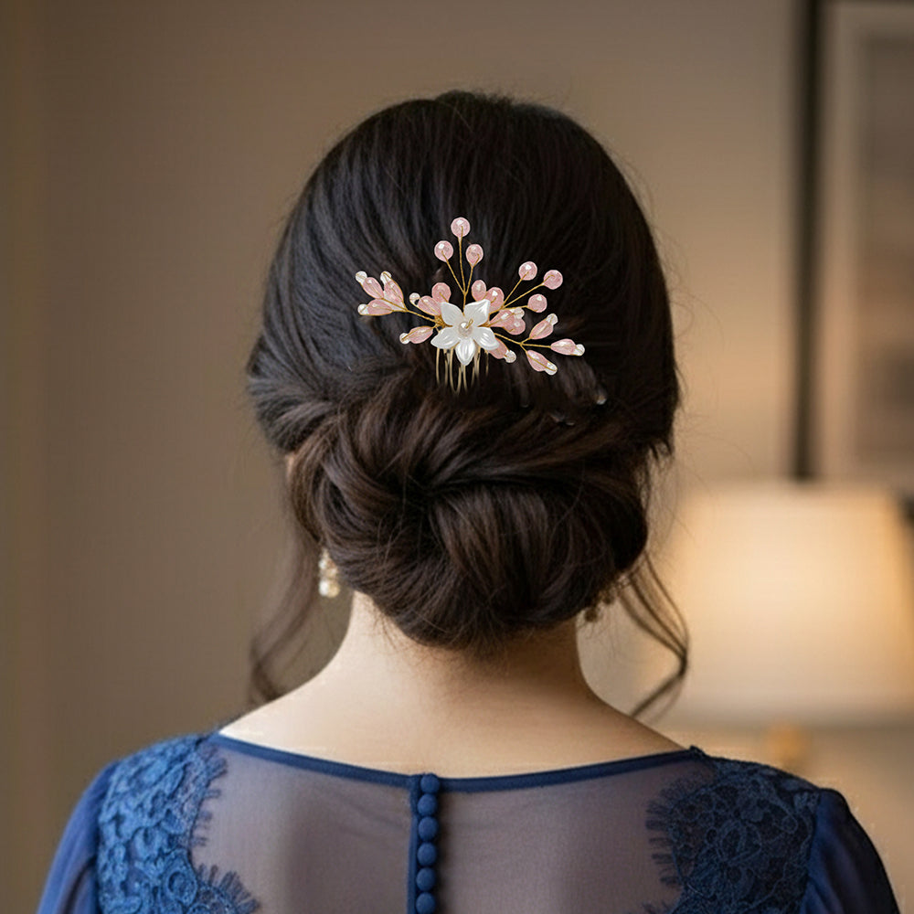 Js Fashion Bridal Floral Hair Comb for Women | Pearl & Crystal Wedding Hair Accessory | Pink Flower Hair Pin for Bride & Bridesmaid | Elegant Party Wear Hair Jewelry Clip for Bun & Hairstyles