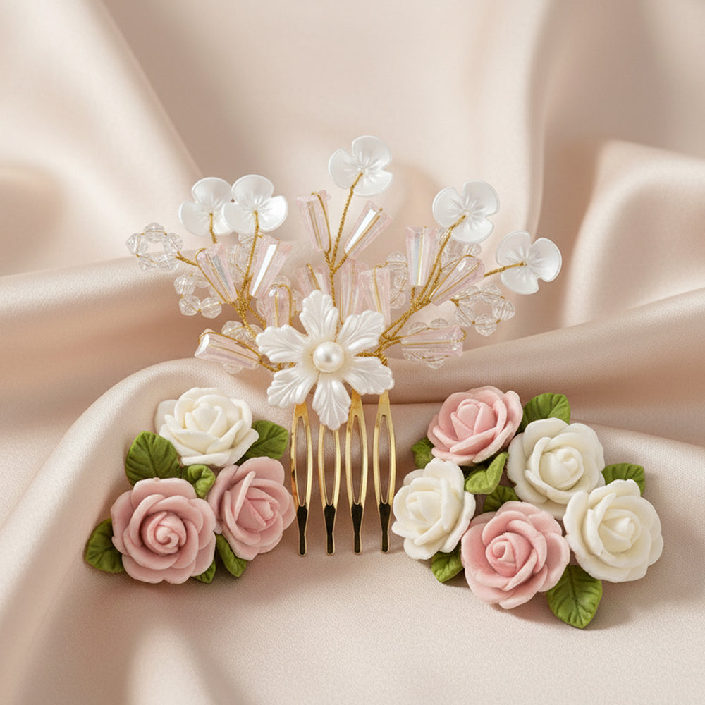 Js Fashion Pack of 1 Bridal Floral Hair Comb for Women | Pearl & Crystal Wedding Hair Accessory | Pink Flower Hair Pin for Bride & Bridesmaid | Elegant Party Wear Hair Jewelry Clip for Bun & Hairstyles