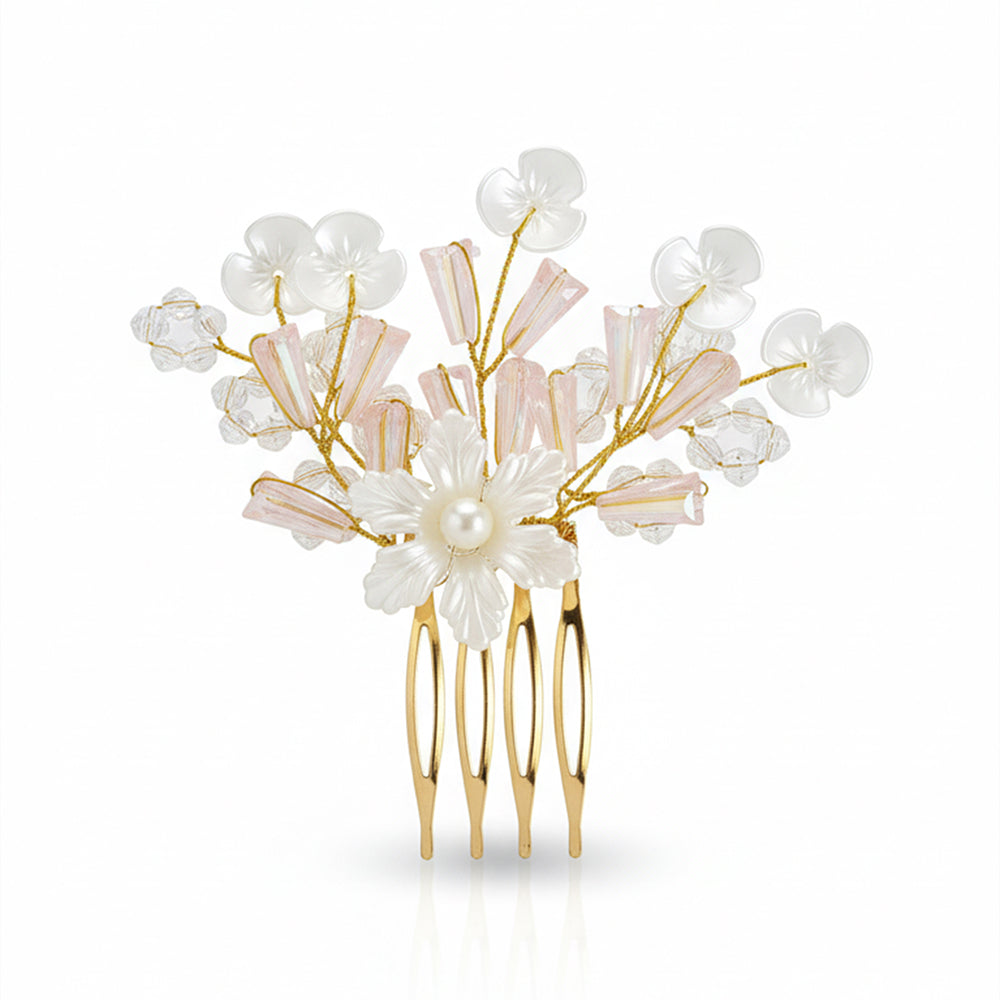 Js Fashion Pack of 1 Bridal Floral Hair Comb for Women | Pearl & Crystal Wedding Hair Accessory | Pink Flower Hair Pin for Bride & Bridesmaid | Elegant Party Wear Hair Jewelry Clip for Bun & Hairstyles