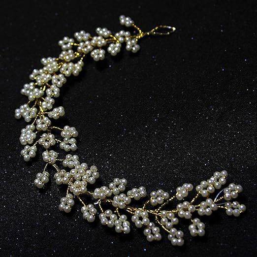 HP HIGH PROFILE Gold and White Floral Pearl Hair Accessories Bridal Wedding Headband, Hair Vine and Headpiece Floral Hair Accessories Wedding jewellery For Girls and Women - 1 Pc