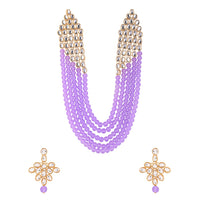 Etnico Rhodium Plated 5 Layer Faux Mother-of-pearl and Kundan Rani Haar Necklace Jewellery Set with Earrings for Women (IJ350Z) (Purple)