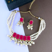 Etnico Gold Plated Traditional Stone Studded Multi Layered White Pearl Choker Necklace Jewellery Set with Earrings for Women And Girls (IJ355Q)