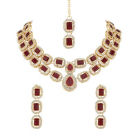 Etnico Gold Plated Traditional Stone Choker Necklace Jewellery With Earring & Maang Tikka Set For Women And Girls (Maroon)