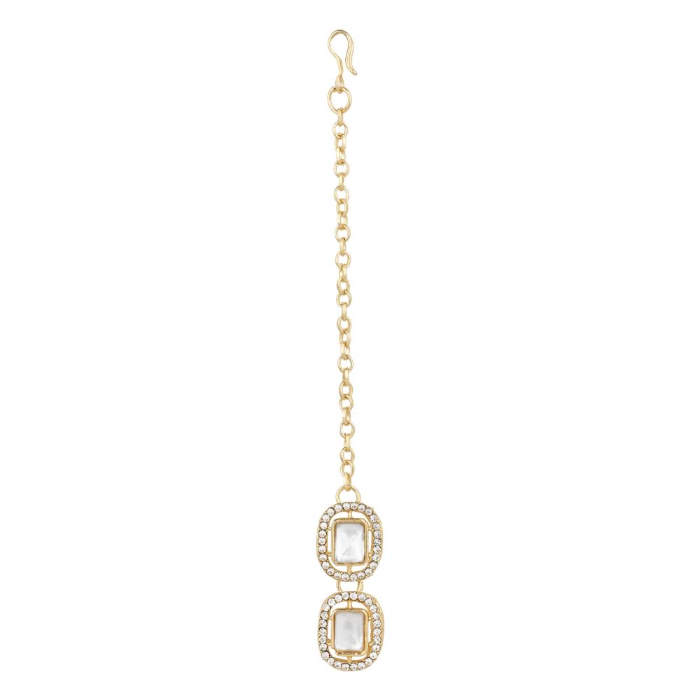 Etnico Gold Plated Traditional Stone Choker Necklace Jewellery With Earring & Maang Tikka Set For Women And Girls (White)