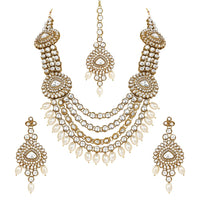 Etnico Gold Plated Traditional Multi Layered Pearl Kundan Bridal Necklace Jewellery with Dangle Earrings & Maang Tikka Set For Women/Girls (IJ386W)