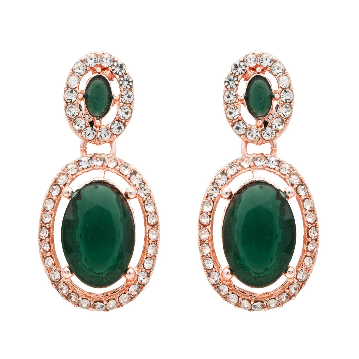 Etnico Rose Gold Plated Stylish Design Crystal Diamond Necklace & Earrings Jewellery Set for Women (Green)