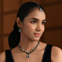 Etnico Silver Plated Traditional Stone Design Necklace Set with Earrings & Maang Tika for Women (IJ399ZG)