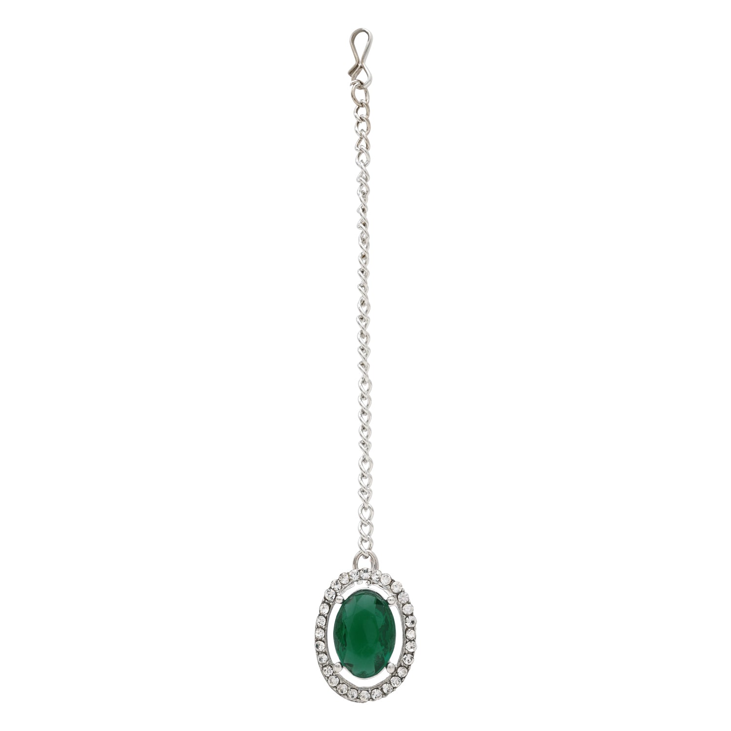Etnico Silver Plated Stylish Design Crystal Diamond Necklace With Earrings & Maang Tikka Jewellery Set for Women (IJ400ZG)