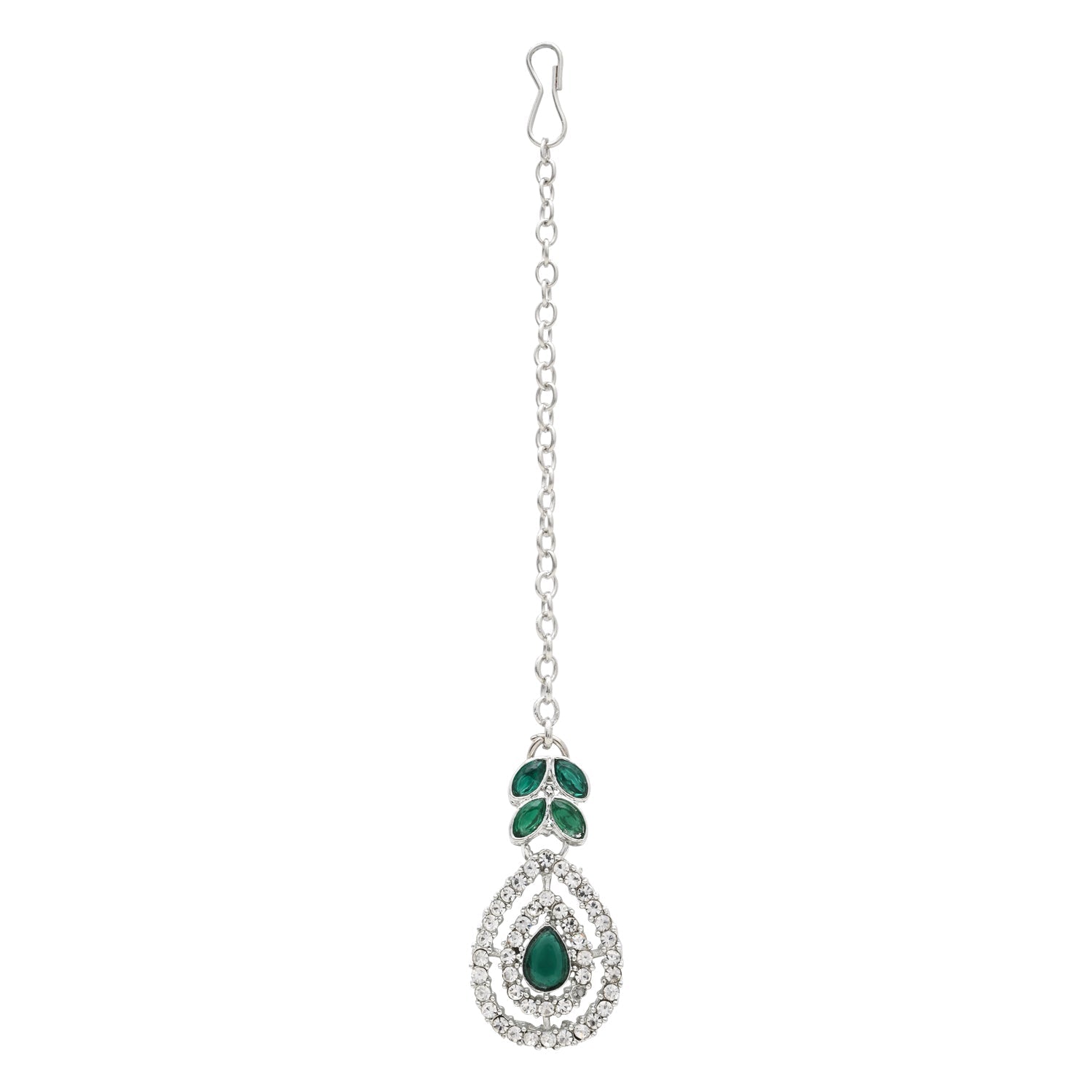 Etnico Silver Plated Stylish Design Crystal Diamond Necklace With Earrings & Maang Tikka Jewellery Set for Women (IJ402ZG)