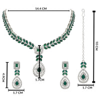 Etnico Silver Plated Stylish Design Crystal Diamond Necklace With Earrings & Maang Tikka Jewellery Set for Women (IJ402ZG)