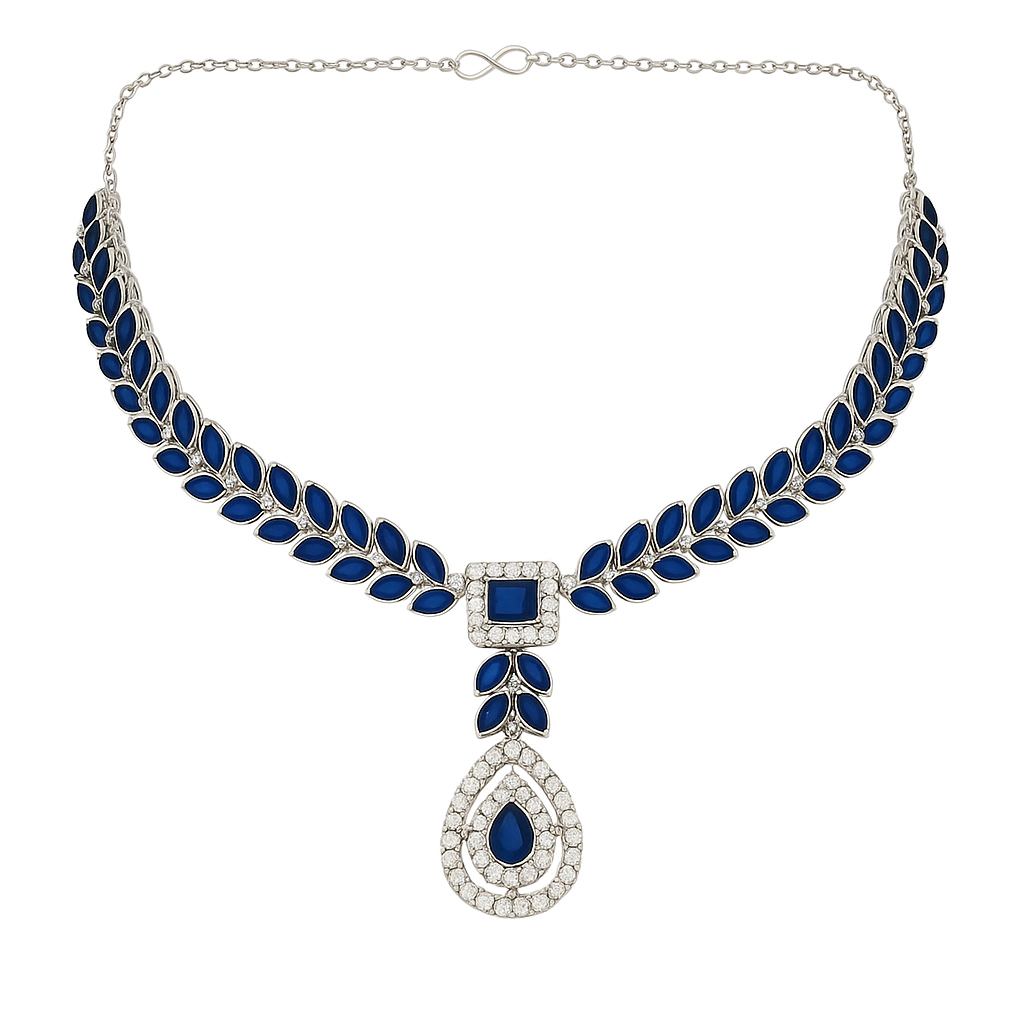 Etnico Silver Plated Elegant Leaf Motif Necklace Set with Earrings & Maang Tika for Women (IJ402ZMo)