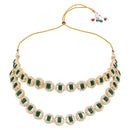 Etnico Gold Plated Stylish Design Crystal Diamond Multi Layer Necklace With Earrings & Maang Tikka Jewellery Set for Women (Green)