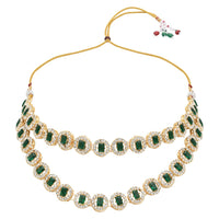 Etnico Gold Plated Stylish Design Crystal Diamond Multi Layer Necklace With Earrings & Maang Tikka Jewellery Set for Women (Green)