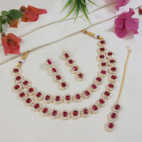 Etnico Gold Plated Stylish Design Crystal Diamond Multi Layer Necklace With Earrings & Maang Tikka Jewellery Set for Women (IJ403Q)