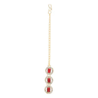 Etnico Gold Plated Stylish Design Crystal Diamond Multi Layer Necklace With Earrings & Maang Tikka Jewellery Set for Women (IJ403Q)