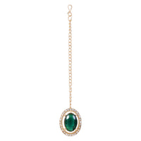 Etnico Gold Plated Stylish Design Crystal Diamond Oval Shape Necklace With Earrings & Maang Tikka Jewellery Set for Women (IJ405M)