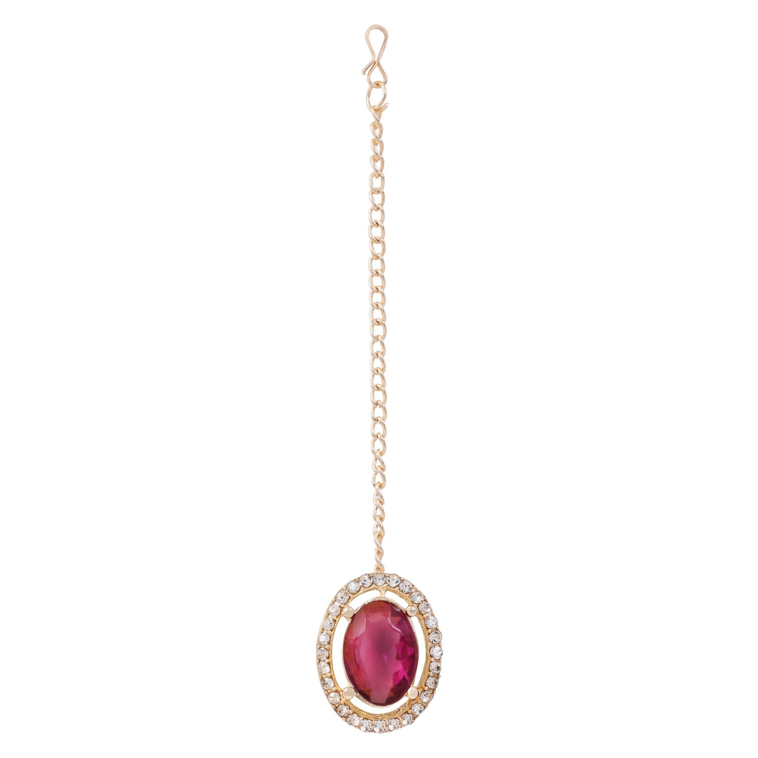 Etnico Gold Plated Stylish Design Crystal Diamond Oval Shape Necklace With Earrings & Maang Tikka Jewellery Set for Women (Wine)