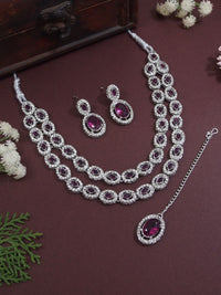 Etnico Silver Plated Stylish Design Crystal Diamond Oval Shape Necklace With Earrings & Maang Tikka Jewellery Set for Women (IJ405ZWi)