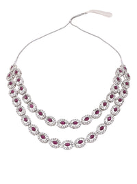 Etnico Silver Plated Stylish Design Crystal Diamond Oval Shape Necklace With Earrings & Maang Tikka Jewellery Set for Women (IJ405ZWi)