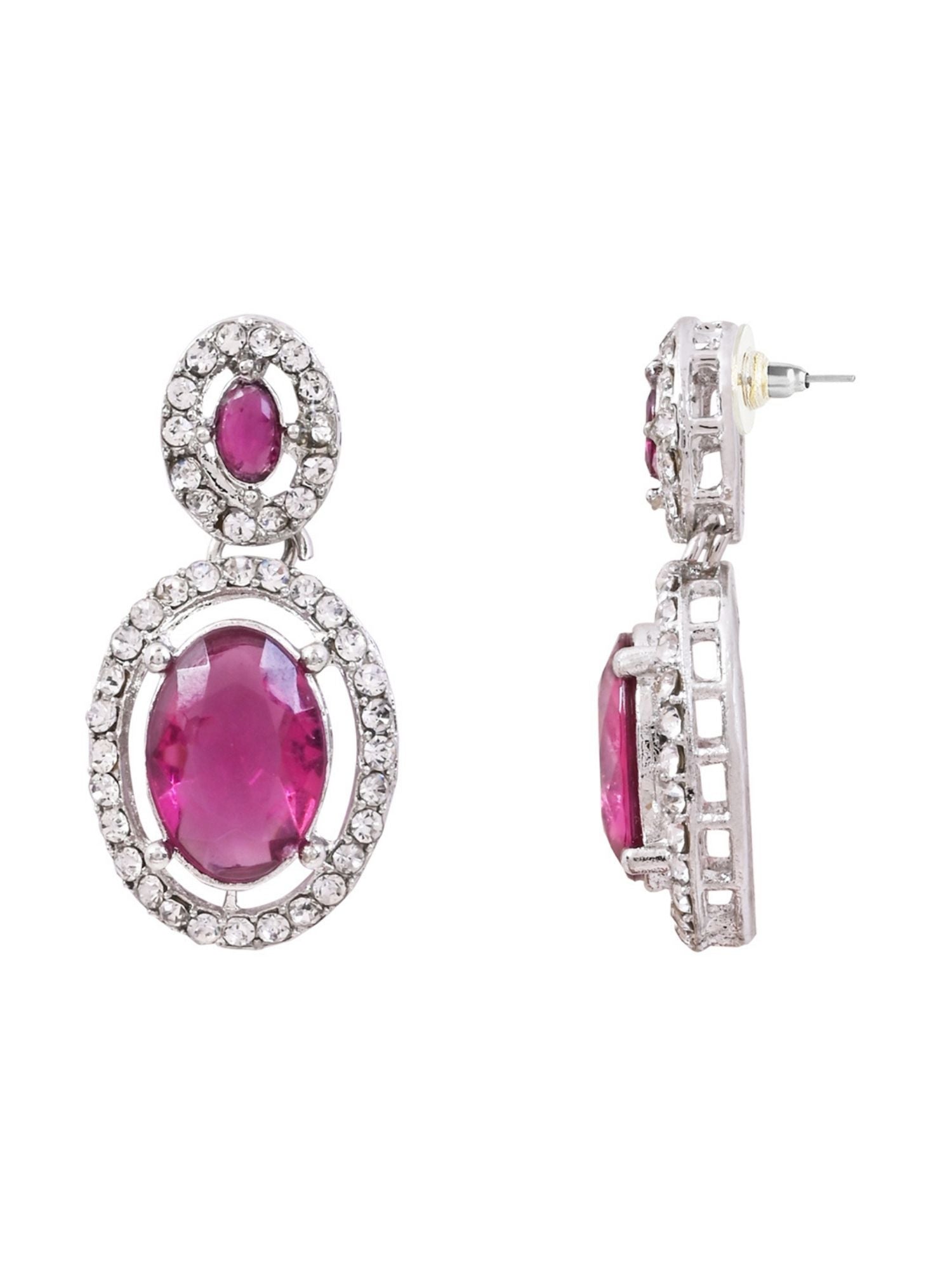 Etnico Silver Plated Stylish Design Crystal Diamond Oval Shape Necklace With Earrings & Maang Tikka Jewellery Set for Women (IJ405ZWi)