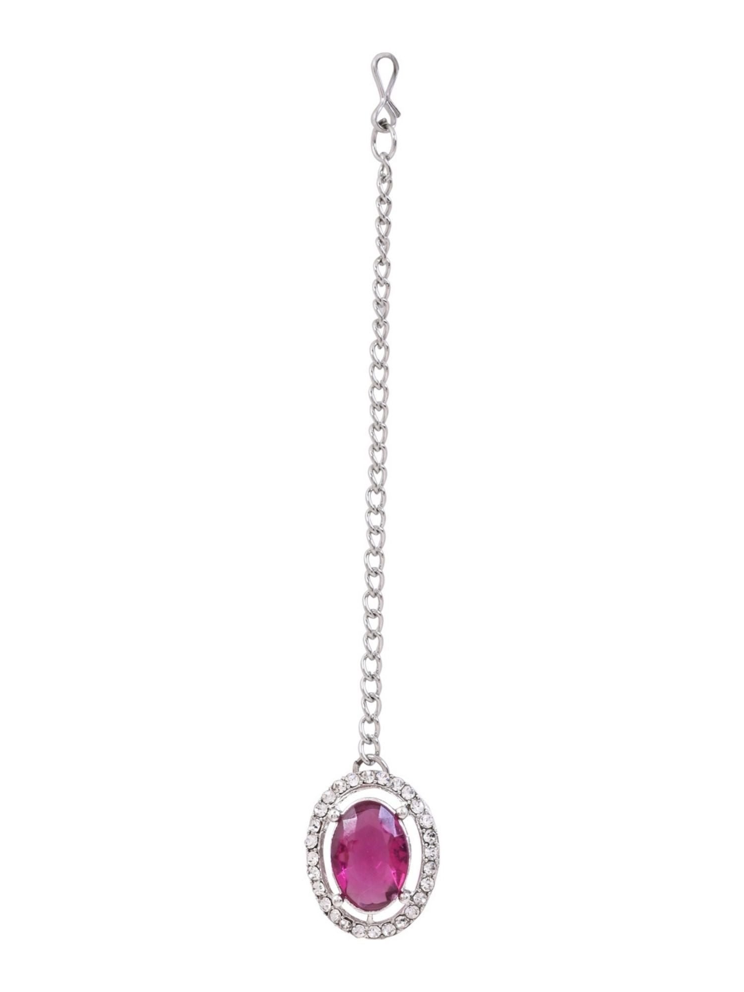 Etnico Silver Plated Stylish Design Crystal Diamond Oval Shape Necklace With Earrings & Maang Tikka Jewellery Set for Women (IJ405ZWi)