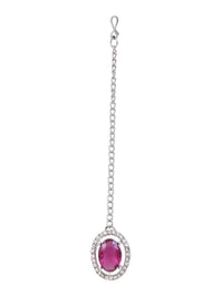 Etnico Silver Plated Stylish Design Crystal Diamond Oval Shape Necklace With Earrings & Maang Tikka Jewellery Set for Women (IJ405ZWi)