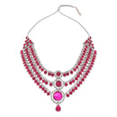 Etnico Silver Plated Traditional Multi-Layer Round Stone Necklace Jewellery With Earrings & Maang Tikka Set for Women (Silver Dark Pink)