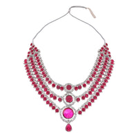 Etnico Silver Plated Traditional Multi-Layer Round Stone Necklace Jewellery With Earrings & Maang Tikka Set for Women (Silver Dark Pink)