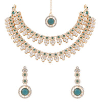 Etnico Gold Plated Stylish Design Crystal Diamond Necklace With Earrings & Maang Tikka Jewellery Set for Women (Green)