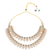Etnico Gold Plated Stylish Design Crystal Diamond Necklace With Earrings & Maang Tikka Jewellery Set for Women (Green)