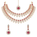 Etnico Gold Plated Stylish Design Crystal Diamond Necklace With Earrings & Maang Tikka Jewellery Set for Women (IJ415Wi)