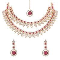 Etnico Gold Plated Stylish Design Crystal Diamond Necklace With Earrings & Maang Tikka Jewellery Set for Women (IJ415Wi)