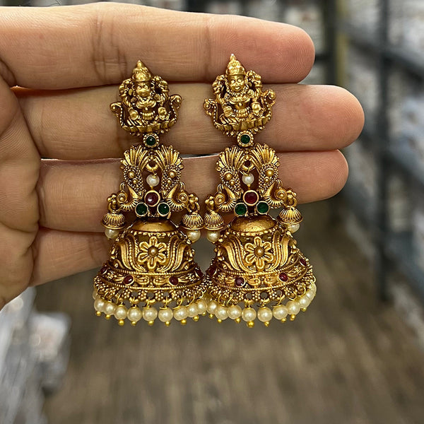 Diksha Collection Gold Plated Pota Stone Temple Jhumki Earrings