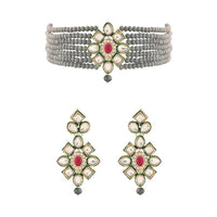 Etnico Gold Plated Traditional Choker Set Glided With Kundan & Beads For Women/Girls (K7207Gr)
