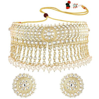 Etnico Gold Plated Traditional Kundan & Pearl Studded Bridal Choker Necklace With Round Earrings Jewellery Set For Women (K7210W)