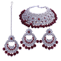 Etnico Silver Plated Traditional Pearl Kundan Studded Choker Jewellery Necklace Set with Maang Tikka for Women (K7217ZM)