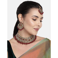 Etnico Gold Plated Traditional Pearl Kundan Studded Choker Jewellery Necklace Set with Maang Tikka for Women (K7218M)