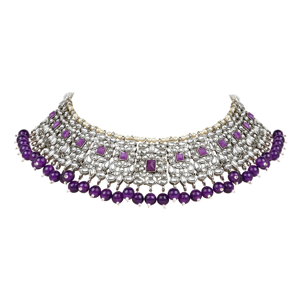 Etnico Gold Plated Traditional Pearl Kundan Studded Choker Jewellery Necklace Set with Maang Tikka for Women (K7218Pu)